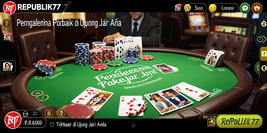 Tampilan gameplay menarik dari REPUBLIK77 dengan pemain poker yang kompetitif.