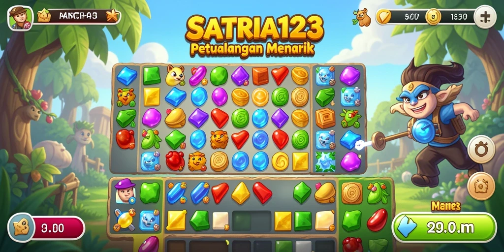 Screenshot gameplay SATRIA123 menampilkan serunya mencocokkan elemen di papan permainan Match-3.